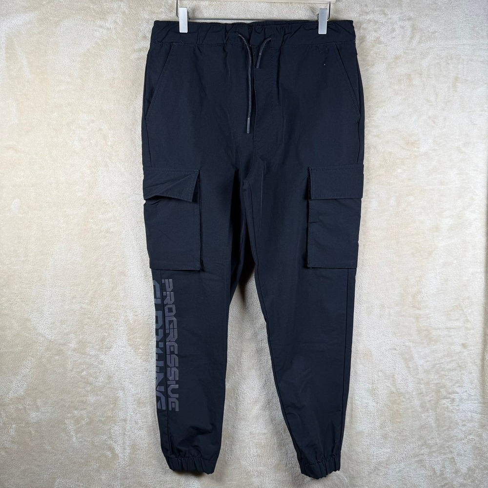 ZARA Black Cargo Jogger Progressive Clothing Reflective Logo Drawstring Mens 32